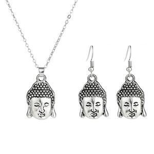 Vintage Alloy Buddha Head Pendant Necklace And Earrings Antique Silver Minimalist Jewelry For Women Gift Accessory