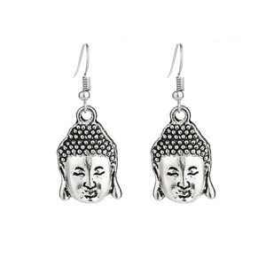 Vintage silver Buddha head drop earrings with detailed carving and fishhook backings