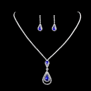 Elegant bridal jewelry set with pear-cut blue crystals and silver necklace earrings