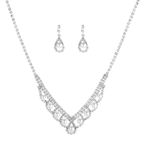 Bridal Artificial Pearl Rhinestone Necklace Dangle Earrings Copper Jewelry With Silver Plating For Wedding Party Women Accessories