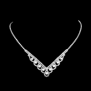 Sparkling rhinestone and pearl bridal necklace set in silver for wedding and gala