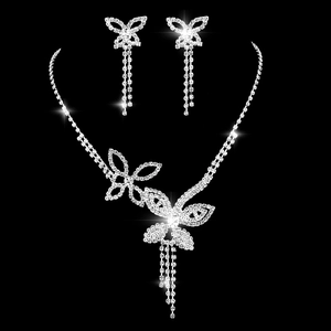 Elegante bruidssieradenset met vlinder-strass en lange oorbellen met kwastjes