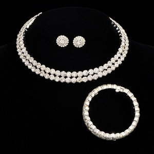 Luxus Silber Brautschmuck-Set mit doppelreihiger Strasskette, Armband und Ohrringen