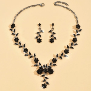 Parure de bijoux tournesol vintage avec collier et boucles d'oreilles en cristal noir