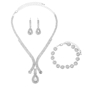 Silver bridal jewelry set with water drop rhinestone necklace, bracelet and earrings