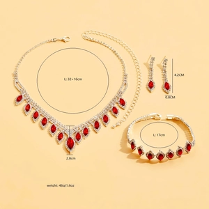 Elegant bridal red crystal necklace, earring and bracelet jewelry set in silver plating