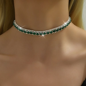 Luxury Copper Rhinestone Layered Choker Necklace For Women Sparkling Crystal Gemstone Double Row Tennis Necklace Party Jewelry Gift