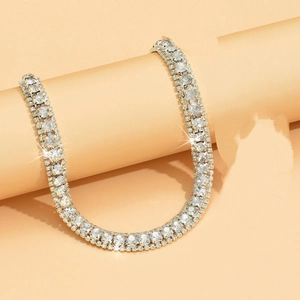 Elegant silver-toned rhinestone necklace featuring multiple rows of sparkling crystals