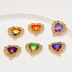Set of six colorful heart pendants with gold lace edges for DIY jewelry making