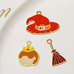 Cartoon alloy enamel charms featuring wizard hat, crown girl, and magic broom pendants