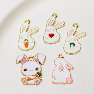 Cute cartoon bunny alloy pendants with white drip oil finish for DIY jewelry making