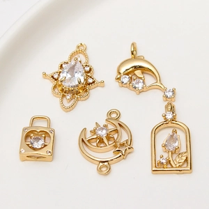 Copper Rhinestone Pendants Gold Plated Moon Star Heart Dolphin Tulip Flower Charms For DIY Earring Necklace Jewelry Making Accessories