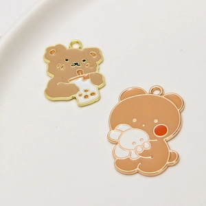 Cute cartoon bear enamel charms with bubble tea and bunny designs for DIY jewelry