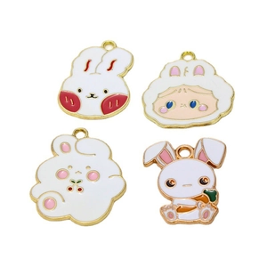 DIY jewelry making kit featuring four cute colorful enamel rabbit charms in gold alloy