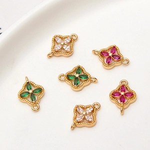 Koper Strass Vierbladige Bloem Verbinding Charm DIY Sieraden Accessoires Zoete Florale Gegalvaniseerde Kwastje Hanger Voor Armband Oorbellen