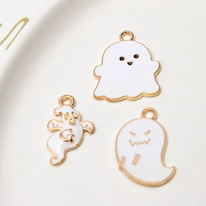 Set of three cute Halloween ghost alloy pendants with gold plating and white enamel finish