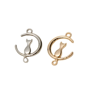 Cat and moon pendant DIY jewelry accessory in gold and silver finish with pearls