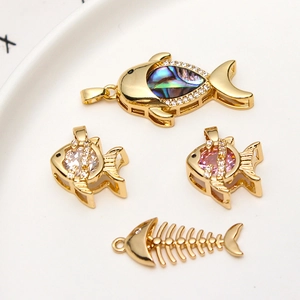Colgantes de pez y espina de ballena dorados con nácar y circonitas para joyería DIY
