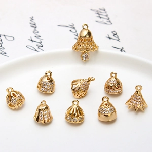Micro-inset zircon hollow bell pendants in bright gold finish for DIY jewelry