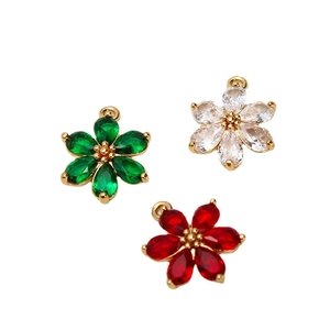 Drei Zirkon-Blumenanhänger in Grün, Weiß und Rot mit vergoldeter Basis für DIY-Schmuck