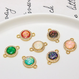 Round Gold Plated Copper Zirconia Synthetic Opal Connector Pendants For DIY Earring Necklace Bracelet Jewelry Making Materials