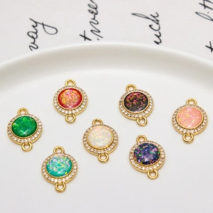 Set of seven gold plated round opal charms with zircon halos for DIY jewelry making