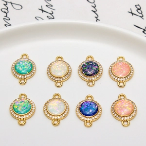 Gold plated opal and zircon round pendant connectors for DIY jewelry making sets