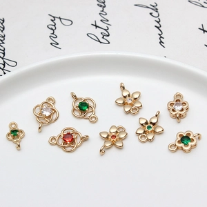 Vintage zircon floral connector pendants in gold brass for DIY jewelry making and craft