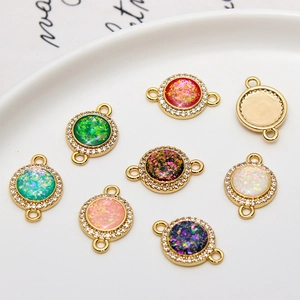 Sparkling copper-plated gold round charms with opal texture and cubic zirconia for DIY jewelry