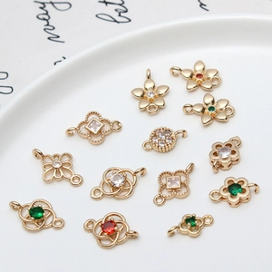 Vintage Copper Zirconia Hollow Flower Jewelry Connectors Gold Plated Double Ring Floral Pendants DIY Bracelet Making Findings