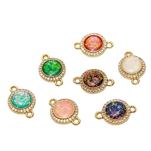 Gold-plated round opal pendants with cubic zirconia halos for DIY jewelry making