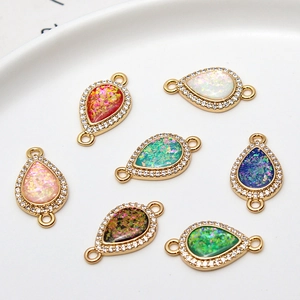 Copper gold-plated teardrop opal charms with rhinestones for DIY jewelry making