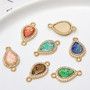 Gold-plated teardrop opal charms with diamond accents for DIY jewelry making