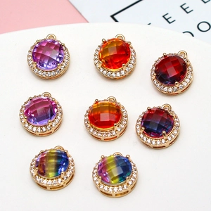 Round copper pendants with colorful gradient crystals and paved zircon halo in gold finish