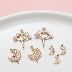 Colgantes de luna y árbol dorados con circonitas para creación de joyas DIY