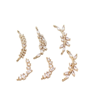 6-piece gold-plated willow leaf pendants with sparkling cubic zirconia for DIY jewelry
