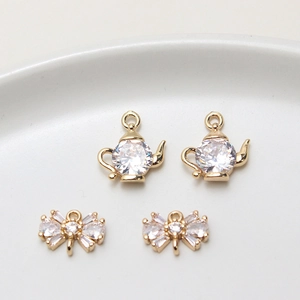 Pendentifs bijoux DIY en plaqué or 18 carats, théières et nœuds avec zircone cubique
