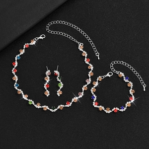Silver bridal jewelry set featuring colorful rhinestones including necklace and earrings