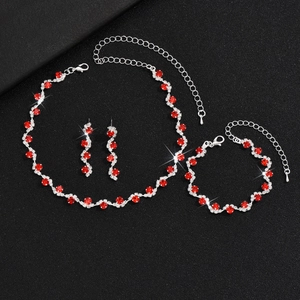 Elegant silver-plated bridal jewelry set with red ruby rhinestones and wave patterns
