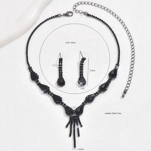 Luxury black crystal teardrop necklace and earring set with product size measurements