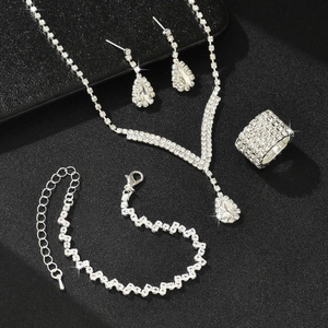 Sparkling crystal jewelry set with water drop necklace, bracelet, earrings and ring