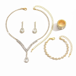 Luxurious gold-tone V-shaped necklace, bracelet, earrings and ring jewelry set with crystals