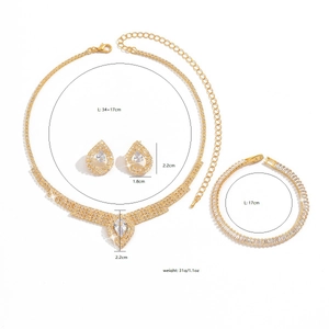 Golden bridal jewelry set with V-shaped rhinestone necklace, earrings and bracelet