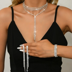 Set gioielli 3 pezzi argento con strass collana multistrato e orecchini a nappa