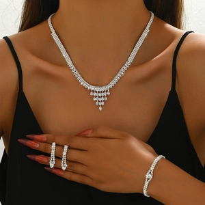 Luxury Copper Rhinestone Necklace Earrings Bracelet For Women Wedding Party Prom Shiny Bridal Jewelry Accessories