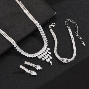 Sparkling zircon jewelry set with fringe necklace, bracelet and earrings for formal gala