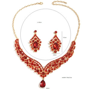 Detailed view of red crystal necklace and earrings set dimensions and luxury metal design