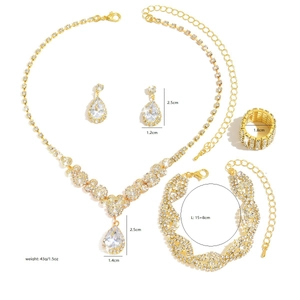 Luxury rhinestone jewelry set with gold-tone necklace earrings bracelet and ring