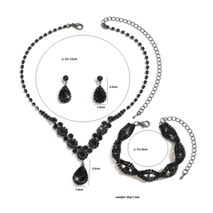 Detailed view of black teardrop zircon bridal jewelry set with dimensions for size reference