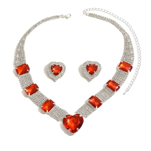 Elegant jewelry set with multi-row rhinestone necklace and heart red crystal earrings
